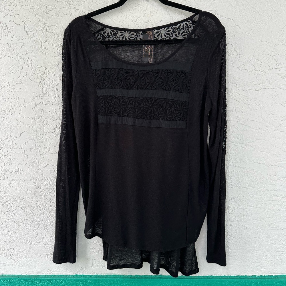 Free People New Romantics Floral Boho Lace Black Sheer Long Sleeve Top XS